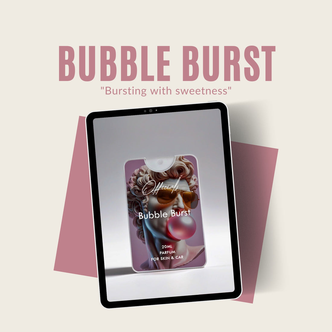 Bottle of Bubble Burst perfume, featuring a fun design in bright colors, embodying the playful scent of bubble gum