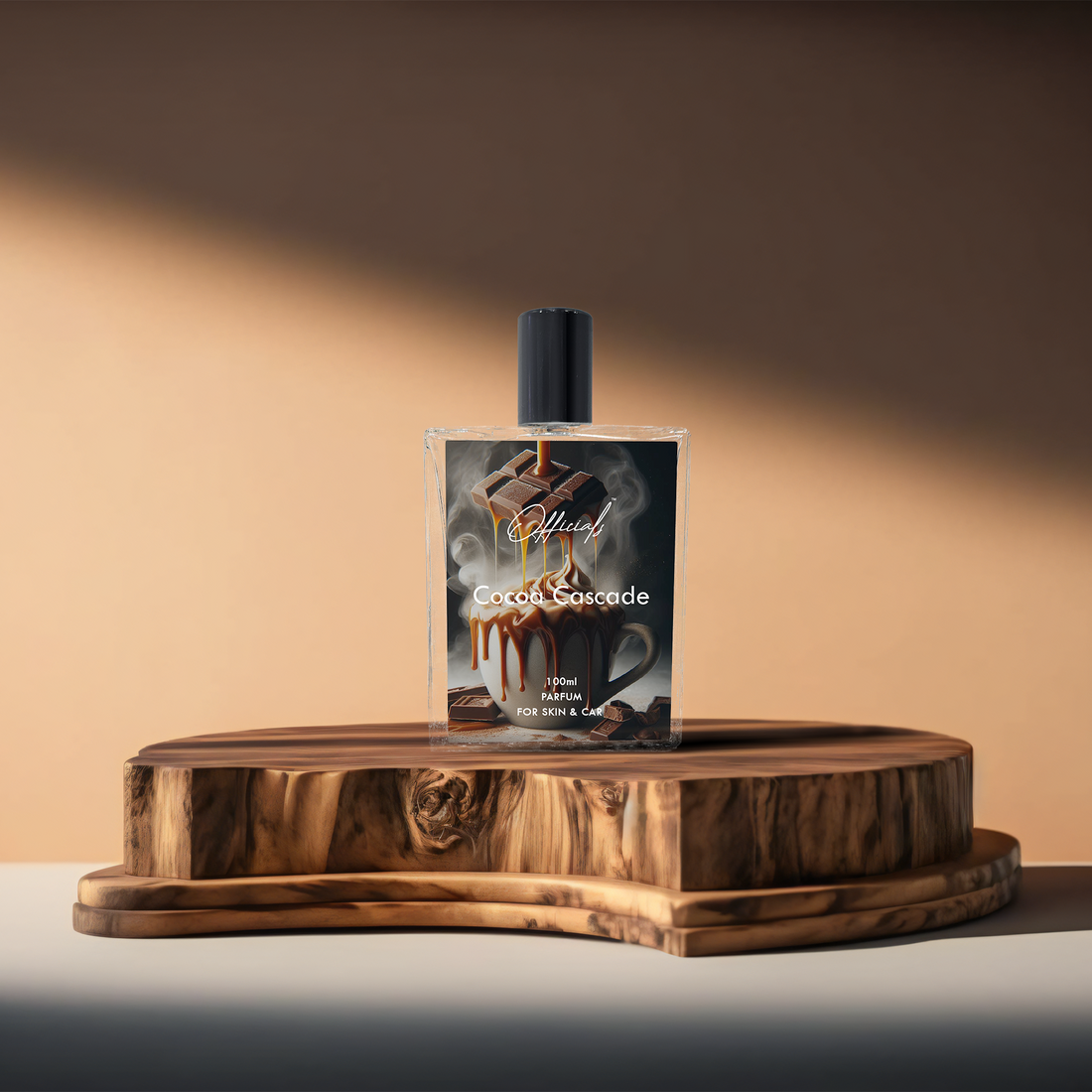 Cocoa Cascade perfume bottle with chocolate-themed design